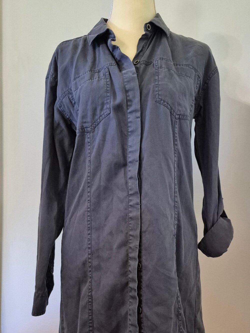 PrAna XS Tencel Shirt Dress Roll Sleeve Full Button Utility Minimalist Cabincore